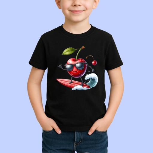 Tricou Cireasa de vara amuzanta surfing, Fructe, Copii | Dama, culoare negru