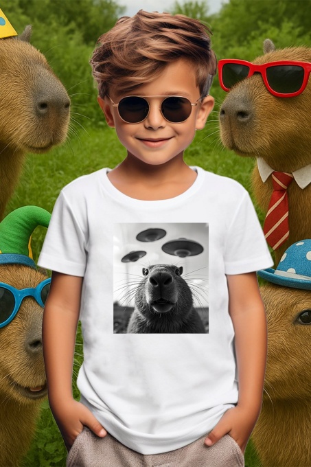 Tricou copii Capybara - selfie UFO alb negru