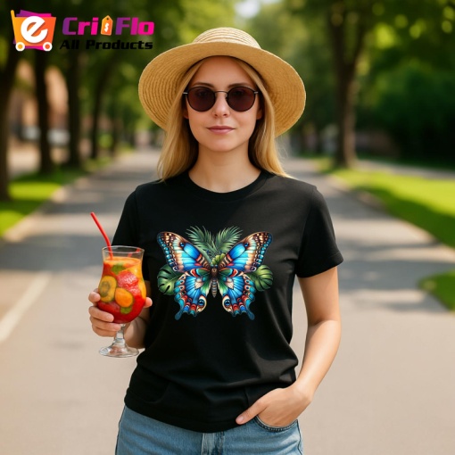 Tricou Fluture albastru intens cu model simetric floral Copii | Dama | Barbat, negru