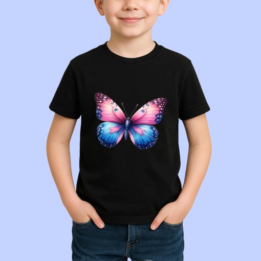 Tricou Fluture albastru pe flori de magnolie stil romantic Copii | Dama | Barbat, negru