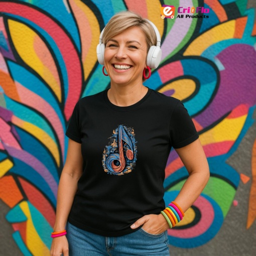 Tricou Nota Muzicala Rasucita Albastru Portocaliu, Copii | Dama | Barbat, culoare negru