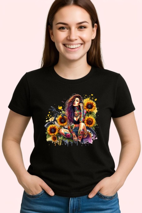 Tricou Sitting bike sunflower tattooed woman, femeie tatuata asezata cu bicicleta si floarea soarelui, Copii | Dama | Barbat , tricou negru
