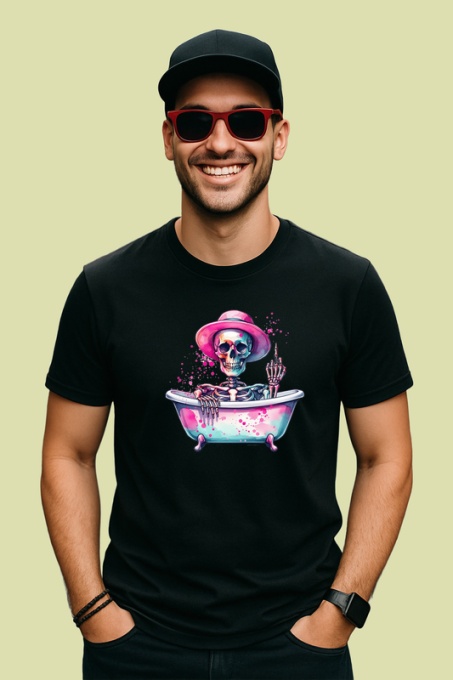 Tricou Skeleton in bathtub hat, schelet in cada cu palarie, Copii | Dama | Barbat , tricou negru
