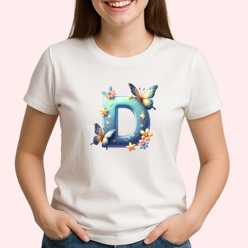 Tricou Alfabet Litera D cu fluturi colorati, stele aurii, flori colorate, Alb, Unisex Dama si Barbat | Copii
