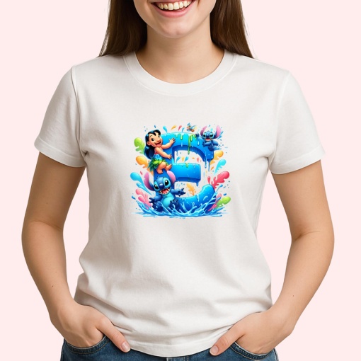 Tricou Alfabet Litera E cu Lilo si Stitch albastru, veselie mare, Alb, Unisex Dama si Barbat | Copii