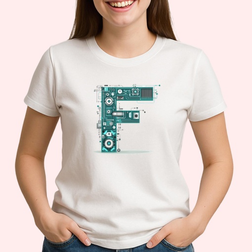 Tricou Alfabet Litera F cu circuite, cyber, tehnologie, Alb, Unisex Dama si Barbat | Copii