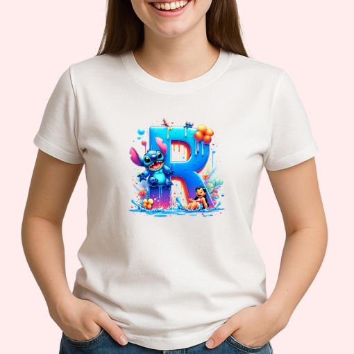 Tricou Alfabet Litera R cu Lilo si Stitch albastru, veselie mare, Alb, Unisex Dama si Barbat | Copii