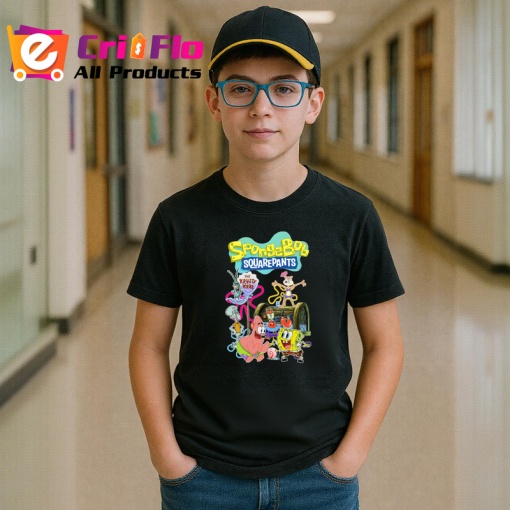 Tricou Spongebob echipa de personaje subacvatice langa krusty krab in aventura animata, Copii | Dama | Barbat , tricou negru