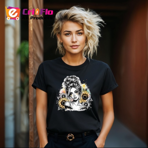 Tricou Sunflower shoulder girl sketch style, fata cu floarea soarelui pe umar stil schita, Copii | Dama | Barbat , tricou negru