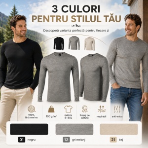 Bluză Bărbați Malfini Merino Rise LS 159, 100% Lână Merino, 190 g/m², Mânecă Lungă, Slim Fit, Termoreglare, Anti Miros, Mărimi S–3XL
