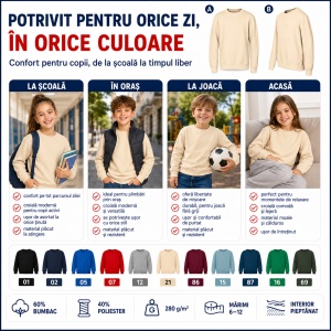 Bluză copii cu mânecă lungă tip hanorac pentru fete și băieți Malfini 427 Crew, fără glugă, cu interior pieptănat - Img 6