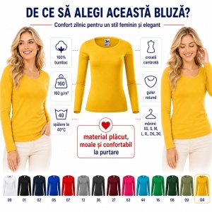Bluză Damă decoltată din bumbac 100, slim fit cu mânecă lungă - 14 nuanțe - Img 2