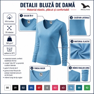 Bluză Damă Malfini Elegance 127 cu Mânecă Lungă și Guler V, 95% Bumbac – XS–3XL - Img 8