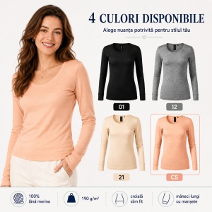 Bluză Damă Malfini Premium Merino Rise LS 160 – 100% Lână Merino, Mânecă Lungă, Slim Fit