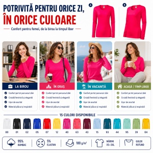Bluză Damă Slim cu Mânecă Lungă, Bumbac 95% – 15 Nuanțe, XS–3XL - Img 4