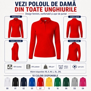 Bluză Polo Damă cu Mânecă Lungă Malfini, Croială Cambrată, Guler Polo Raiat, 4 Nasturi, 10 Culori, Mărimi XS–2XL - Img 6