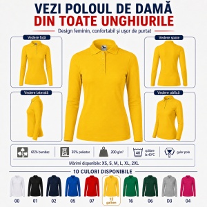 Bluză Polo Damă cu Mânecă Lungă, Slim Fit, Cambrată, Guler Pique Polo, 10 Culori, XS–2XL - Img 5