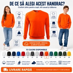 Bluză tip hanorac pentru copii, fără glugă, fete și băieți, 300 g/m² - Img 2