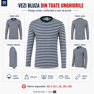 Bluză unisex damă și bărbat Malfini 807 Sailor, tip marinăresc, mânecă lungă, 100% bumbac, 150 g/m² - Img 6