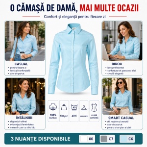 Cămașă Damă Elegantă din 100% Bumbac, Premium – Office & Business, Mânecă Lungă, Croială Cambrată - Img 9