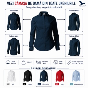 Cămașă damă tip office Malfini 229 Style LS, 100% bumbac, croială feminină și mânecă lungă - Img 3