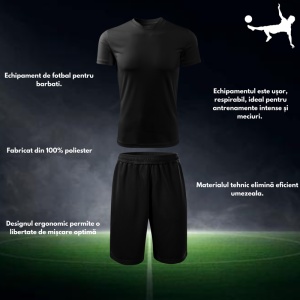 Set de echipament de fotbal pentru bărbați, compus din tricou și șort negru, din 100% poliester. Echipamentul este ușor, respirabil și ideal pentru antrenamente intense și meciuri, având un design ergonomic care permite libertate optimă de mișcare și un m