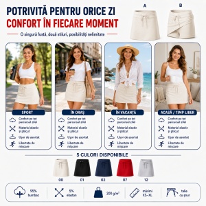 Fustă Damă 2 în 1 tip Fustă-Pantalon cu Pantaloni Scurți, Casual Sport și Elastică – Two in One 604 - Img 8
