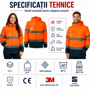 Geacă Unisex Bărbat Damă tip Jachetă și Vestă de Lucru 4 în 1, Reflectorizantă și Impermeabilă – HV Guard - Img 5