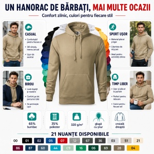 Hanorac Bărbat Malfini Cape 413, 65% Bumbac, 320 g/m², Glugă cu Șnur, Buzunar Marsupiu, 21 Nuanțe, Mărimi S–5XL - Img 6