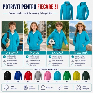 Hanorac Copii Băiat sau Fată cu Fermoar și Glugă – 65% Bumbac, Interior Pieptănat, 300 g/m² | 6–12 Ani - Img 6