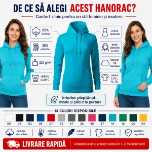 Hanorac Damă cu Glugă și Buzunar Marsupiu Malfini F14 Cape Free – 320 g/m² - Img 2