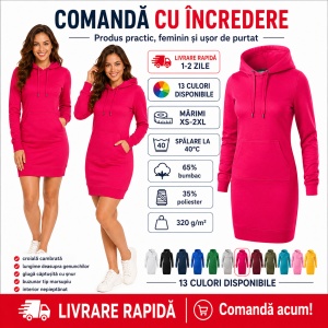 Hanorac Lung Tip Rochie Damă cu Glugă și Buzunar Marsupiu Malfini 419 Snap – 320 g/m² - Img 5