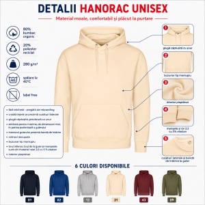 Hanorac unisex cu glugă pentru damă și bărbat, bumbac organic, 280 g/m² - Img 3