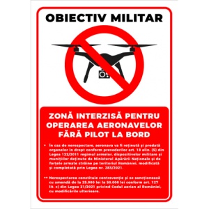 Indicator Semn obiectiv militar zone interzise pentru operarea aeronavelor fara pilot la bord, Sticker autocolant