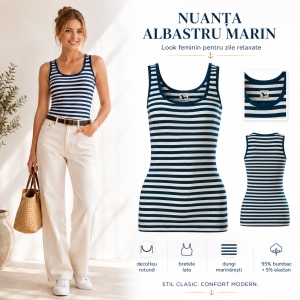 Maieu Top Damă Marinăresc cu Dungi Alb, tricou fără mâneci -Albastru Marin – Malfini 806 Sailor, 95% Bumbac, Slim Fit