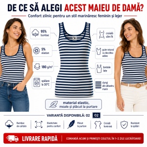 Maieu Top Damă Marinăresc cu Dungi Alb, tricou fără mâneci -Albastru Marin – Malfini 806 Sailor, 95% Bumbac, Slim Fit - Img 11