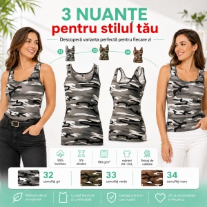 Maiou damă Malfini Camo Triumph C36, top camuflaj slim fit, 95% bumbac, XS–2XL, 3 nuanțe - Img 6