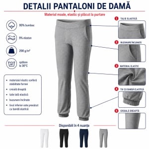 Pantaloni Damă Malfini Leisure 603, 95% Bumbac, 5% Elastan, Talie Elastică, Buzunare Înclinate, Croială Dreaptă, XS–2XL, 4 Culori - Img 5