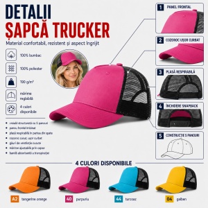 Șapcă Trucker Unisex, Damă, Reglabilă, cu Plasă – 100% Bumbac, 5 Panouri, Cozoroc Curbat - Img 2