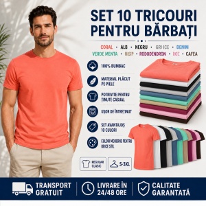 Set 10 Tricouri Bărbați 100% Bumbac – Multicolor, Coral, Alb, Negru, Gri Ice, Denim, Verde Mentă, Nisip, Rododendron, Roz și Cafea | S-3XL - Img 7