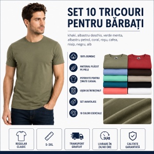 Set 10 Tricouri Bărbați 100% Bumbac Extra Calitate – Khaki, Albastru Deschis, Verde Mentă, Albastru Petrol, Coral, Roșu, Negru, Gri Ardezie, Gri Ice și Alb - Img 7