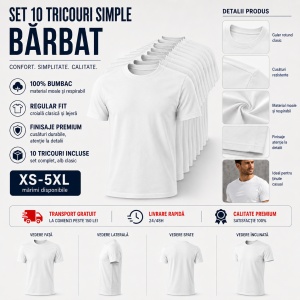 Set 10 Tricouri Bărbați Albe 100% Bumbac – Simple, Clasice, XS-5XL | Transport Gratuit - Img 6