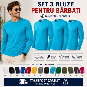 Set 3 Bluze Bărbați 100% Bumbac, Mâneci Lungi, Slim Fit, 160 g/m², Aceeași Culoare, 14 Culori Disponibile, Mărimi S–3XL