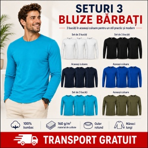 Set 3 Bluze Bărbați 100% Bumbac, Mâneci Lungi, Slim Fit, 160 g/m², Aceeași Culoare, 14 Culori Disponibile, Mărimi S–3XL - Img 11