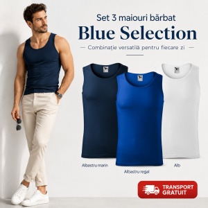 Set 3 Maiouri Bărbat Blue Selection, Alb, Albastru Marin și Albastru Regal, 100% Bumbac, Maieu Sport, Tricou Fără Mâneci, Mărimi S–2XL