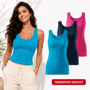 Set 3 Maiouri Damă Tip Top din Bumbac cu Elastan – Tricouri Fără Mâneci, Turcoaz, Albastru Marin și Purpuriu | XS-2XL