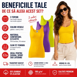 Set 3 Maiouri Damă Tip Top din Bumbac cu Elastan – Tricouri Fără Mâneci, galben, violet, lime | XS-2XL - Img 6