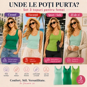 Set 3 Maiouri Damă Tip Top din Bumbac cu Elastan – Verde Mentă, Verde Mediu și Verde Măr | Tricouri Fără Mâneci XS-2XL - Img 4