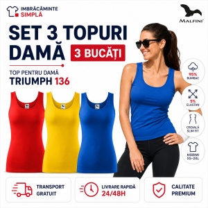 Set 3 Topuri Damă Malfini Triumph 136 Roșu Galben Albastru 95% Bumbac Slim Fit XS–2XL, tricou fara maneci tip maiou - Img 6
