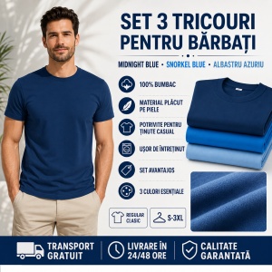 Set 3 Tricouri Bărbați 100% Bumbac – Albastru Închis, Snorkel Blue și Azuriu S - 3XL - Img 6